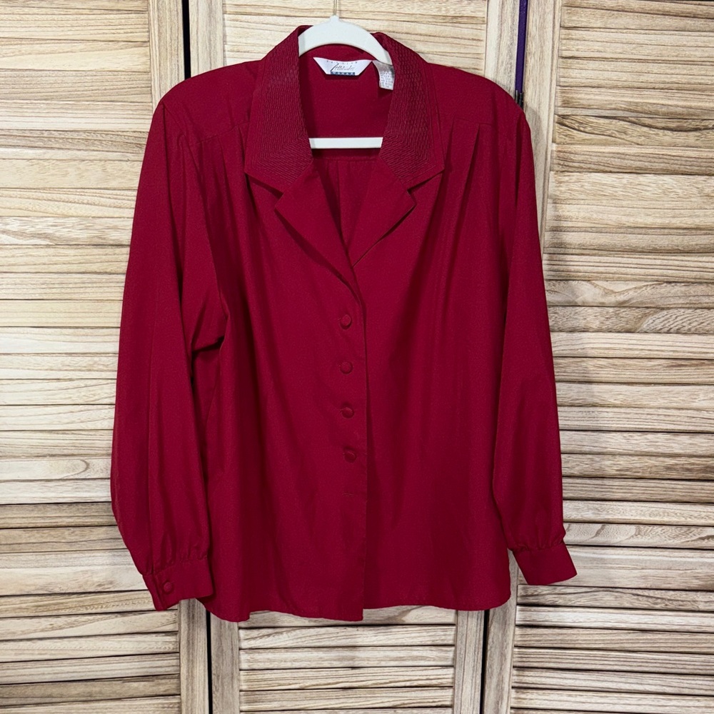 Fashion Attitudes Shirt Elegant Button Down Long Sleeve Red Shoulder Pads 18W